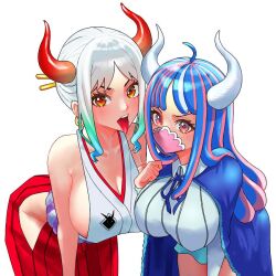 2girls areola areola_slip big_breasts blush clothed clothing female female_focus female_only horns jewelry large_breasts long_hair looking_at_viewer mask multicolored_hair mutsumomo one_piece open_mouth red_eyes solo_female tongue_out ulti_(one_piece) white_hair yamato_(one_piece)