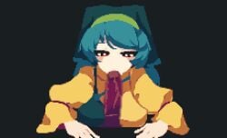 4qw5 animated animated_gif blowjob blue_hair deepthroat fellatio gif haniyasushin_keiki keiki_haniyasushin oral pixel_animation pixel_art tagme touhou