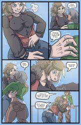 2023 5_fingers alex_(phrannd) anthro assisted_exposure blue_eyes bracelet breasts brown_hair bulge cabin canid canine claw_growth claws clothed clothing colored comic dialogue duo embrace english_text female fingers genital_outline green_hair growth hair hi_res highlights_(coloring) hug human human_on_anthro human_to_anthro humanoid_hands interspecies jewelry making_out male male/female mammal penis_outline phrannd profanity sara_(phrannd) shaded shirt species_transformation speech_bubble spiked_bracelet spikes text topwear transformation were werecanid werecanine werewolf white_highlights