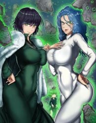 3girls big_breasts blue_hair breast_press clothed clothing esper female female_focus female_only fubuki_(one-punch_man) glasses green_clothing green_eyes green_hair jewelry large_breasts light-skinned_female light_skin long_hair looking_at_viewer one-punch_man psychic psykos short_hair small_breasts smile smiling solo_female superheroine tagme tatsumaki thegoldensmurf thick_thighs villainess white_clothing