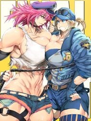 2girls bare_shoulders belt blonde_hair blue_eyes breasts busty cap capcom cleavage extreme_muscles female female_only final_fight fingerless_gloves gloves hat huge_ass huge_breasts jin-jin large_breasts lucia_morgan multiple_girls muscles muscular_female naughty_face navel pink_hair poison_(final_fight) seductive seductive_smile smile street_fighter street_fighter_v sunglasses sunglasses_on_head thick_thighs voluptuous whip yuri