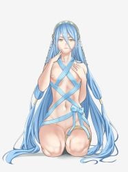 1girls areolae azura_(fire_emblem) blue_hair breasts closed_mouth english_commentary female female_only fire_emblem fire_emblem_fates full_body highres kneeling long_hair looking_at_viewer naked_ribbon navel nintendo nipples nude nude_female pomelomelon ribbon small_breasts smile solo solo_female veil very_long_hair white_background yellow_eyes