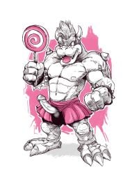 2_horns absurd_res anthro balls bottomwear bowser candy clothing dancewear dessert food genitals hi_res horn humanoid_genitalia inklooser koopa lollipop male male_only mario_(series) muscular muscular_male nintendo penis pink_tongue reptile scalie skirt solo tongue tongue_out turtle tutu