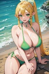 abdomen ai_generated beach_background bikini blonde_hair blush breasts female green_eyes hi_res huge_breasts kirigaya_suguha leafa looking_at_viewer mako_(artist) ponytail pose ribbon smile solo sword_art_online