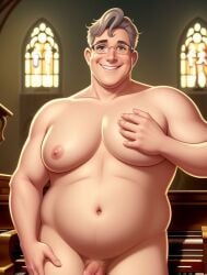 2024 ai_generated ai_hands bara bara_tits christianity chubby church daddy glasses gordon_the_organist grey_hair male male_only multi_digit multi_finger nude older_male organist overweight penis penis_peek pipe_organ priest smiling solo stable_diffusion