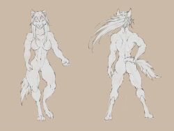 anthro big_breasts breasts canid canine canis cryphalen female hair long_hair mammal muscular muscular_female solo tail tail_grab wolf