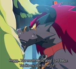 2019 animated bna_v5 bodily_fluids demon_lord_dragon_batzz dragon english_text erection future_card_buddyfight male male/male oral penis reptile saliva scalie text