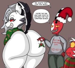 2024 accidental_holly anal_request anthro ass bent_over big_ass big_breasts big_butt blitzo_(helluva_boss) bodily_fluids bottomless breasts canid canid_demon canine christmas_clothing christmas_headwear clothed clothing crackalacking curvy_figure demon digital_media_(artwork) ear_piercing english_text female freckles grey_hair group hair hashidoodle hat headgear headwear hellhound helluva_boss hi_res holidays holly_(plant) huge_ass huge_butt kiss_my_ass larger_female looking_back loona_(helluva_boss) male mammal moxxie_(helluva_boss) multicolored_body multicolored_fur oral_request piercing plant red_eyes rimming_request santa_hat size_difference smile smug smug_face speech_bubble sweat sweater tattoo text thick_thighs topwear trio voluptuous white_ass wide_hips