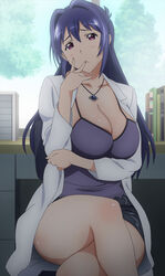 1girls arm_under_breasts blue_hair blush breasts chair cleavage hair_between_eyes hair_intakes hand_to_own_mouth huge_breasts jacket jewelry legs legs_crossed long_hair looking_at_viewer maken-ki! mature_female miniskirt necklace nijou_aki nurse pendant purple_eyes screencap screenshot sitting skirt stitched thighs