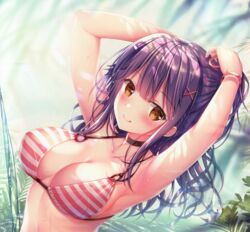 :q adjusting_hair amber_eyes bangs bikini bikini_top breasts choker detailed_background edit eyebrows_visible_through_hair female female_only hair_ornament large_breasts purple_hair smile sousouman tongue_out x_hair_ornament