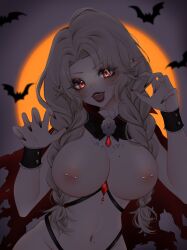 1girls areolae belly_button black_nails breasts cape emilie_(atelieremilie) fangs female female_only glowing_eyes huge_breasts indie_virtual_youtuber light-skinned_female light_skin lipstick looking_at_viewer low_light monster_girl nipple_piercings nipples open_mouth ophelia_valentine piercings pointy_ears red_eyes red_lipstick solo vampire vampire_girl virtual_youtuber