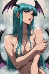 ai_generated bat_wings big_breasts blue_eyes breasts capcom covered_nipples covering_breasts darkstalkers dripping_water faprunner78 fringe hips long_hair looking_at_viewer looking_to_the_side morrigan_aensland natural_breasts open_mouth shocked shocked_expression shower showering slim_girl slim_waist steam succubus turquoise_hair waist wet wet_body wet_hair wings