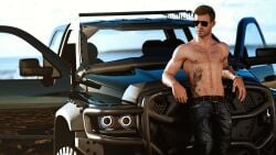 1boy 3d 3d_model abs activision blonde_hair call_of_duty call_of_duty_modern_warfare_2_(2022) car ghostwolf infinity_ward male male_focus male_only male_pov pecs phillip_graves shirtless shirtless_male solo solo_male sunglasses suv tattoo tattooed_male wristwatch