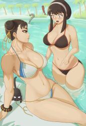 2girls big_breasts bikini bikini_bottom_untied black_bikini black_hair capcom chun-li clothed clothing crossover curvy_figure curvy_hips erect_nipples exclamation_point feline female female_only fit_female human in_pool light-skinned_female looking_at_another midriff mostly_nude multiple_girls niksoncrazy nipple_bulge nipples_visible_through_bikini pale_skin pointing pool question_mark sitting spy_x_family standing_in_water street_fighter street_fighter_6 surprised thighs thighs_together two_piece_swimsuit unaware wrist_cuffs wristwear yor_briar yor_forger