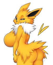 anthro ass big_breasts black_eyes black_nose breasts eeveelution female fur generation_1_pokemon jolteon long_ears pokemon pokemon_(species) smile solo villmix white_body white_fur yellow_body yellow_fur