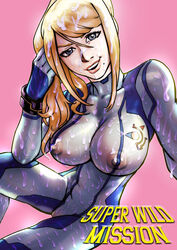 beauty_mark big_breasts blonde_hair blue_eyes bodysuit book_cover breasts busty cover cum cum_on_body hair_between_eyes large_breasts lipstick metroid mole_under_mouth nintendo nipples nipples_visible_through_clothing ponytail saikyo3b samus_aran see-through skimpy skimpy_clothes skin_tight zero_suit zero_suit_samus