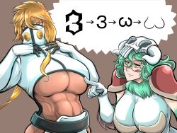 2girls abs big_breasts bleach bleach:_the_thousand-year_blood_war blonde_hair blue_eyes breasts cleavage colored_eyelashes dark-skinned_female dark_skin elbow_gloves facial_mark female female_focus female_only gloves green_eyes green_hair huge_breasts large_breasts leotard light-skinned_female light_skin long_hair mask multiple_girls muscular muscular_female nelliel_tu_odelschwanck skull_on_head smile soyuzu tia_harribel underboob white_gloves