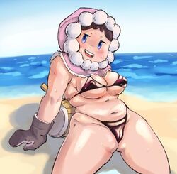 1girls 8885799 beach bedroom_eyes bikini blue_eyes blush brown_hair chubby female female_only gloves hammer hood human human_only ice_climber light-skinned_female light_skin looking_at_viewer medium_breasts mob_face nana_(ice_climber) nintendo ocean open_mouth sand slightly_chubby solo swimsuit thick thick_hips thick_thighs tight_bikini wide_hips