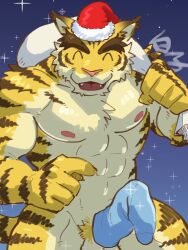 1boy 41raco ^_^ abs animal_ears bara bulge closed_eyes erection erection_under_clothes fangs furry furry_male happy hat highres huge_eyebrows kirupi large_pectorals male_focus male_only morenatsu muscular muscular_male navel nipples nude pectorals santa_hat shirako_(kirupi) short_hair sock_on_penis socks tiger_boy tiger_ears torahiko_oshima yellow_fur