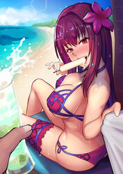 1girls ass bikini blush breasts cleavage fate/grand_order fate_(series) female large_breasts looking_at_viewer looking_back open_mouth qblade scathach_(fate) scathach_(swimsuit_assassin) solo_focus