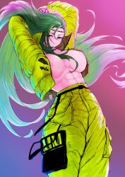 1girls abs annand_(fire_emblem) areola_slip areolae arms_up bare_midriff breasts breasts_out female female_only fire_emblem fire_emblem:_genealogy_of_the_holy_war green_eyes green_hair jacket large_breasts long_hair looking_at_viewer midriff nintendo nipple_slip nipples open_clothes open_jacket pants solo ta_dasu_(tadasu_hayashi) very_long_hair