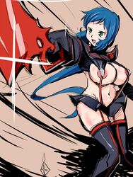 1girls alternate_breast_size areola_slip areolae armor ass big_ass big_breasts bikini black_legwear blue_hair breasts cosplay crossover green_eyes gundam gundam_build_fighters huge_breasts iori_rinko kill_la_kill large_breasts living_clothes long_hair looking_away matoi_ryuuko matoi_ryuuko_(cosplay) milf navel parody ponytail pose revealing_clothes rickert_kai scissor_blade season_connection senketsu sketch skirt sling_bikini solo source_request stockings style_parody sword thick_thighs thighhighs very_long_hair weapon wide_hips