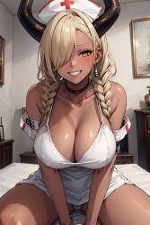 1girls ai_generated azur_lane blonde_hair braided_hair breasts brown_skin cleavage female hair_over_one_eye horns huge_breasts long_hair naughty_face nurse nurse_cap nurse_outfit nurse_uniform owari_(azur_lane) smile stable_diffusion tan tan-skinned_female tanned_skin twintails