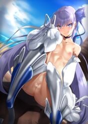 absurdres andouyu ass bangs bare_shoulders blue_eyes blue_ribbon blue_sky blush bottomless breasts choker closed_mouth collarbone fate/grand_order fate_(series) female greaves hair_between_eyes hair_ribbon highres licking_lips long_hair long_sleeves looking_at_viewer meltlilith meltlilith_(swimsuit_lancer) nipples puffy_sleeves purple_hair pussy ribbon sitting sky sleeves_past_fingers sleeves_past_wrists small_breasts smile solo thighs tongue tongue_out topless very_long_hair