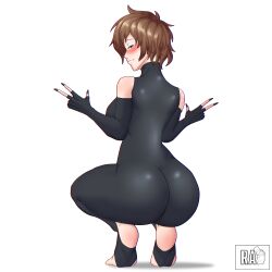 big_ass big_butt black_nails black_suit blue_eyes blush brown_hair isabella_(radiant_artist) kneeling original original_character peace_sign radiant_artist short_hair smiling variant_set