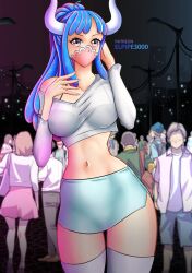 1girls arms_up big_breasts blush bra elpipe3000 female female_focus female_only large_breasts long_hair looking_at_viewer mask multicolored_hair one_piece people_in_background pink_eyes solo_female thick_thighs ulti_(one_piece)