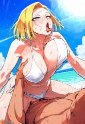 1boy 1girls ahe_gao ai_generated android_18 asymmetrical_bangs bald_man beach bikini bikini_aside blonde_hair blue_eyes blue_sky bouncing_breasts breast_grab clothed_female_nude_male cloud collarbone cowgirl_position curvaceous curvaceous_body curvaceous_female curvaceous_figure curvy curvy_female cyborg day daytime dragon_ball dragon_ball_z dutch_angle earrings faceless_male gainaxing hetero hetero_sex large_breasts light-skinned_female motion_lines muscular_male navel nude_male outdoor_sex outdoors penis riding saliva sex short_hair side-tie_bikini side-tie_bikini_bottom sky straight straight_sex tongue_out uncensored vaginal vaginal_penetration vaginal_sex velvetshades white_bikini