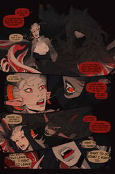 blood bodily_fluids breasts clothed clothing comic demon dialogue dress duo english_text female hair hi_res horn humanoid incase monster nipples partially_clothed red_eyes smile teeth text the_invitation_(comic)