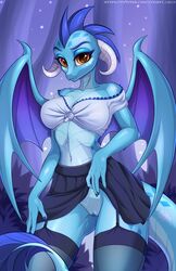 2019 absurd_res anthro anxiety-chan bottomwear clothing clothing_lift digital_media_(artwork) dragon female friendship_is_magic furry hi_res horn legwear looking_at_viewer my_little_pony navel outside princess_ember_(mlp) pussy skirt skirt_lift solo wings