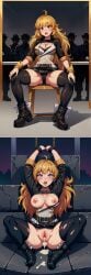 absurdly_long_hair ahoge ai_generated aicon alternate_costume boots cameltoe chains cum_in_mouth cum_in_pussy cum_on_breasts defeated gangbang jacket large_breasts open_mouth panties prisoner purple_eyes pussy red_eyes rwby self_upload thighhighs yang_xiao_long yellow_hair