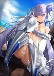 absurdres andouyu ass bangs bare_shoulders blue_eyes blue_ribbon blue_sky blush bottomless breasts choker closed_mouth collarbone fate/grand_order fate_(series) female frills greaves hair_between_eyes hair_ribbon highres licking_lips long_hair long_sleeves looking_at_viewer meltlilith meltlilith_(swimsuit_lancer) puffy_sleeves purple_hair pussy ribbon sitting sky sleeves_past_fingers sleeves_past_wrists small_breasts smile solo thighs tongue tongue_out very_long_hair