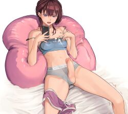 1futa balls big_penis breasts brown_hair cellphone censored clothed clothing cum dolphin_shorts ejaculation erection futa_only futanari grey_panties hands-free handsfree_ejaculation highres holding holding_phone horny human light-skinned_futanari light_skin lying medium_breasts medium_hair mole mole_under_eye mosaic_censoring mostly_clothed navel nipple_orgasm nipple_play on_back open_mouth original panties panties_aside penis phone projectile_cum purple_eyes shiratama_(monster1553) short_hair shorts shorts_around_one_leg smartphone smooth_balls smooth_penis solo strap_slip underwear undressing