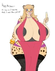 anthro betsibi big_lips big_penis black_areola blonde_hair cheetah christmas clothed huge_breasts hyper_breasts lipstick pink_lipstick plankboy text