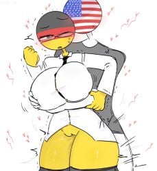 1boy 1girls big_breasts countryhumans countryhumans_girl germany_(countryhumans) glasses heart-shaped_pupils kak0yt0_chel pussy pussy_juice thick_thighs united_states_of_america_(countryhumans) white_skin yellow_skin