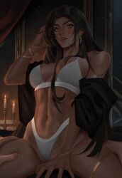 abbysolutely black bra earrings female_on_top hair large_breasts long_hair looking_at_viewer nearly_naked panties pinup vena_(abbysolutely)