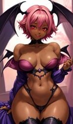 ai_generated big_ass blackwashed bra dark_skinned_female darkstalkers head_wings huge_hips lilith_aensland panties pear_shape pink_hair short_hair small_boobs small_breasts stockings succubus thick_thighs wide_hips