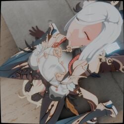 1boy 1boy1girl 1girls aether_(genshin_impact) assertive assertive_female b-banto blonde_hair bodysuit brown_gloves cunnilingus day dominant dominant_female domination facesitting female femdom flushed flushed_face genshin_impact hair_between_eyes hands_on_another's_head highres long_hair pleasure pleasure_face pleasured pleasured_face reverse_rape reverse_ryona self_upload shenhe_(genshin_impact) sitting sitting_on_another sitting_on_face sitting_on_person smothered smothering smothering_ass submissive_male white_hair