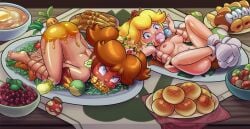 2girls angry bit_gag blonde_hair blue_eyes bondage bound_ankles bound_arms bound_legs breasts brown_hair carrot_dildo carrot_in_ass female female_only femsub food food_fetish food_gag gag gagged imminent_vore mario_(series) multiple_girls multiple_subs nude plate princess_daisy princess_peach produce_dildo produce_in_ass produce_insertion red_face shaxbert stuffed_mouth_gag super_mario_bros. table vegetable_dildo vegetable_in_ass