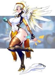 1girls blizzard_entertainment breast_expansion clothed clothing female female_only gausscannon high_heels huge_breasts large_breasts leg_up looking_at_viewer mercy overwatch simple_background skimpy solo syringe thick_thighs thighhighs thighs wings