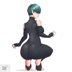 ally_(radiant_artist) big_ass big_butt black_nails black_suit blush green_hair kneeling nervous original original_character radiant_artist short_hair tomboy variant_set