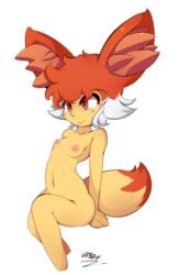 1girls anthro anthrofied blush female_only fennekin furry orange_eyes pokemon pokemon_(species) pokemon_xy small_breasts smile tail urban-centre white_background yellow_skin