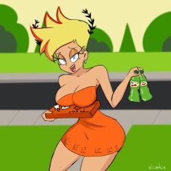 4chan aged_up big_breasts blonde_hair blue_eyes cartoon_network earring female food genderswap genderswap_(mtf) jenny_test johnny_test johnny_test_(series) large_breasts little_caesars mountain_dew pizza pizza_delivery rule_63 slemka teenager thick_thighs wide_hips