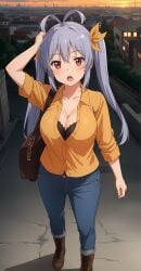 aged_up ai_generated arms_up bag black_bra blush bra city city_background city_lights cleavage hair_ornament jeans lace-up_boots large_breasts long_hair looking_at_viewer miyauchi_renge non_non_biyori open_mouth orange_sky outdoors pov purple_hair red_eyes ribbon stable_diffusion thick_thighs twintails yellow_ribbon