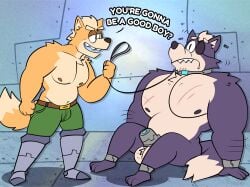 2025 4_fingers absurd_res ankle_cuffs anthro arm_hair balls big_biceps black_nose body_hair bottomwear canid canine canis chastity_cage chastity_cage_only chastity_device chastity_device_only cheek_tuft chest_scar clothed clothing colored countershading cuff_(restraint) cybernetic_leg cybernetic_limb dialogue digital_drawing_(artwork) digital_media_(artwork) dipstick_tail duo english_text eye_contact eye_patch eyewear facial_tuft fingers fox fox_mccloud fur genitals green_bottomwear green_clothing green_shorts grey_body grey_fur hi_res inside janjauwu leash leashed_male looking_at_another male male/male mammal markings muscular muscular_anthro muscular_male naughty_face nintendo nodding nude orange_body orange_fur pecs restraints sassy scar sharp_teeth shorts sitting sitting_on_ground size_difference small_dom_big_sub star_fox tail tail_markings teeth text topless topless_anthro topless_male tuft wearing_chastity_cage wearing_chastity_device white_balls wolf wolf_o'donnell wrist_cuffs