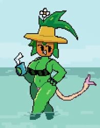animated beach big_breasts blaster_master bouncing_breasts breasts clothed clothing curvaceous curvy green_body green_skin hat kanna_(blaster_master) non-human pixel_animation pixel_art plant_girl plant_humanoid robdogdraws tail
