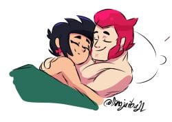 1boy 1girls bibi_(brawl_stars) blanket brawl_stars colt_(brawl_stars) cuddling dinojaiba22 female hand_on_back laying_on_back male nude nude_female nude_male pillow sleeping wholesome